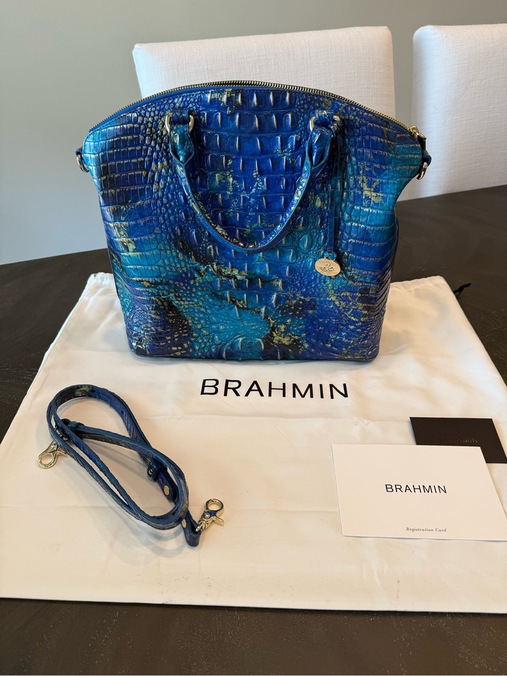 Large Duxbury Satchel - Phthalo Melbourne Blue Green Croc-Embossed Leather - Picture 2 of 12